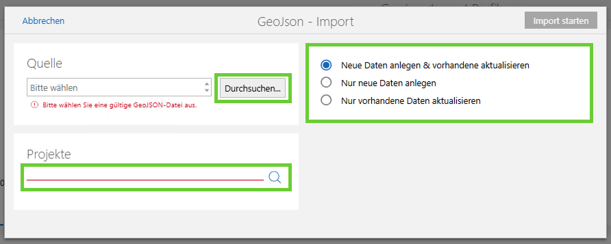 3.1. Import ausführen_Quelle auswählen_Projekt auswählen_Datenanlage auswählen.png